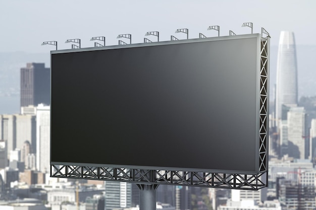 Leere schwarze horizontale Plakatwand auf Stadtbildhintergrund Perspektivansicht Mockup-Werbekonzept