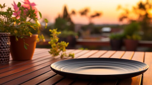 leere schwarze Keramikplatte auf dem Esstisch bei Sonnenuntergang auf der Terrasse