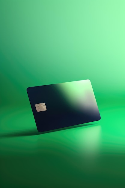 Leere schwarze Kreditkarte mit Mikrochip auf grünem Kopierraum, erstellt mit generativer KI-Technologie