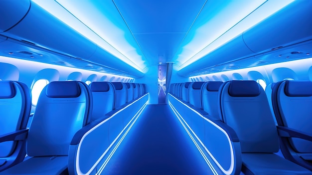 Leere Sitzreihen in Flugzeugen, modernes neues Interieur, helles Licht, weiße und blaue Farben, futuristische Werbung, Luftverkehr
