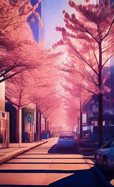 Leere Stadtstraße mit blühenden Sakura-Bäumen Illustration