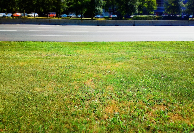 Leere Stadtstraße ohne Verkehr und grünem Grashintergrund