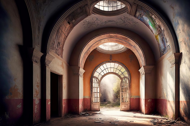 Leere staubige Halle in verlassenem Haus mit gewölbtem Eingang mit Buntglas