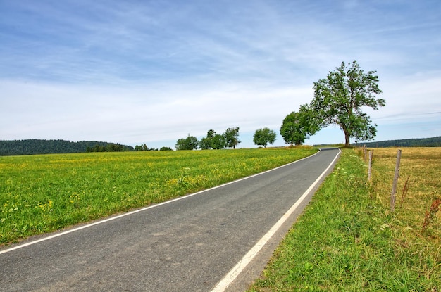 Leere Straße inmitten eines grasigen Feldes gegen einen bewölkten Himmel an einem sonnigen Tag