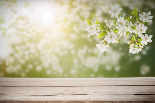 Leere Tabelle für Produktanzeige mit Blumenfrühlingsunschärfehintergrund