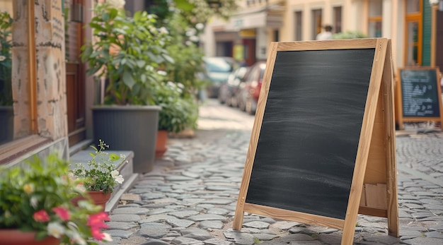 Leere Tafel auf der Straße des Cafés mit Blumenkrug Mockup für Werbebanner oder Design