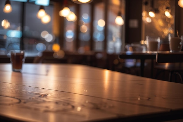 Leere Tafel in einem gemütlichen, schwach beleuchteten Café mit Bokeh-Lichtern im Hintergrund