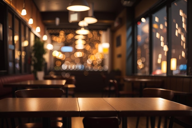 Leere Tafel in einem gemütlichen, schwach beleuchteten Café mit Bokeh-Lichtern im Hintergrund