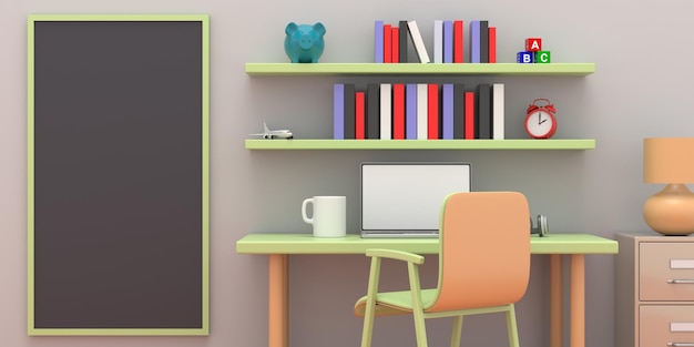 Leere Tafel in einem pastellfarbenen Kinderzimmer Student Schreibtischstuhl und Regale mit Büchern und Spielzeug 3D-Darstellung
