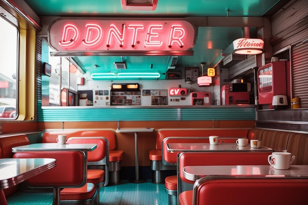 Foto leere tafel in einem retro-diner mit neonschildern