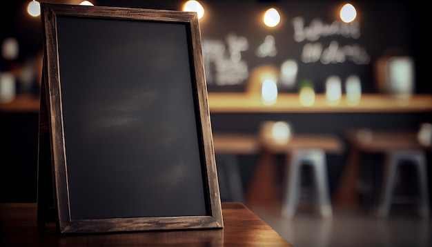 Leere Tafel vor verschwommenem Café-Hintergrund Die Tafel ist leer und hat einen Holzrahmen