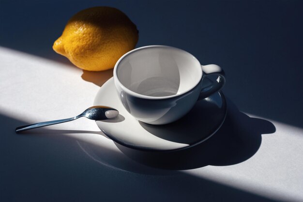 Foto leere tasse für tee oder kaffee mit zitronenmorgenlichtern und -schatten