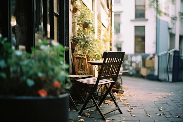 Leere Terrasse Café Traditionelles europäisches Straßenessen mit Vintage-Möbeln und grünen Gärten als Hintergrund