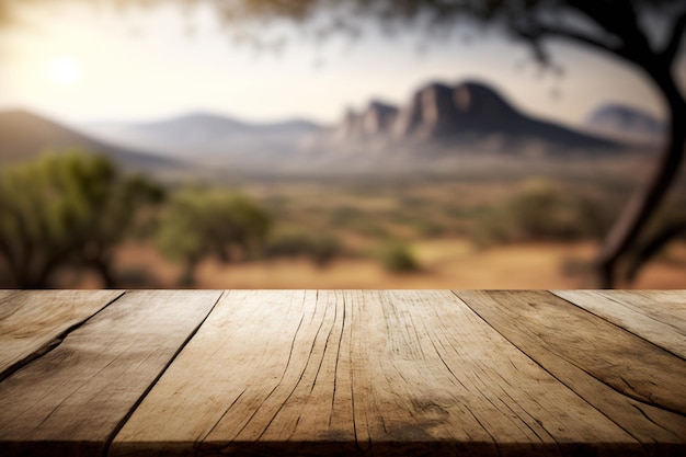 Leere Tischplatte aus hellem Holz mit landschaftlich verschwommenem Hintergrund