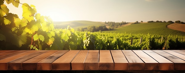 Leere Tischplatte aus Holz mit verschwommenem Hintergrund in der Weinbergslandschaft für die Ausstellung oder Montage Ihrer Produkte Landwirtschaft Weingüter und Weinproben Konzept digitale Ai-Kunst