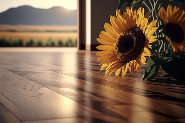 Leere Tischplatte aus Holzboden mit Sonnenblumenfeldern auf den Hintergründen