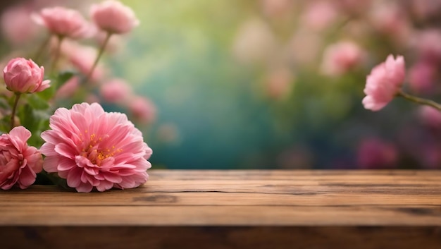 Leere Tischplatte aus Holzbrett auf verschwommenem Blumenhintergrund