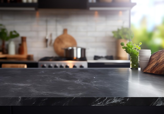 Leere Tischplatte aus schwarzem Stein auf modernem, verschwommenem Küchenhintergrund