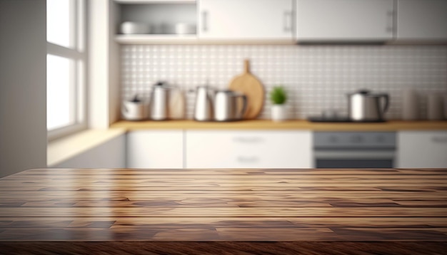 Leere Tischplatte über defokussierter Küche mit Kopierraum