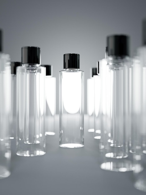 Leere transparente Plastikflasche 3D-Rendergruppe von Kosmetikbehältern