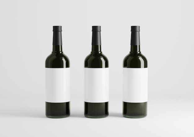 Leere transparente Weinflasche mit Brille auf dem leeren Hintergrund 3D-Rendering 3D-Darstellung