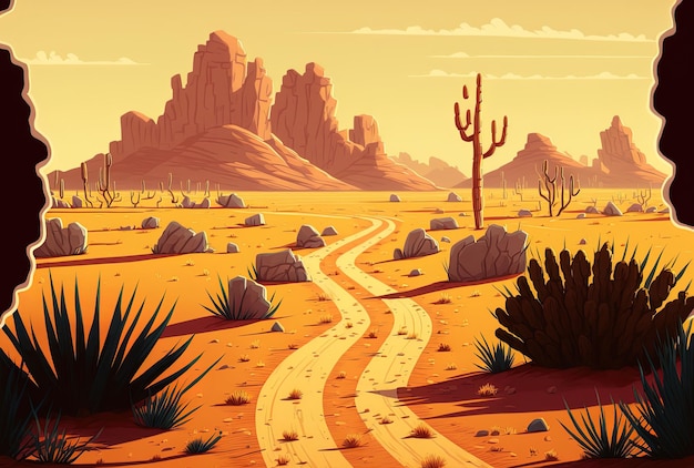 Leere unbefestigte Straße, die in die Wüste inmitten von kargen Sträuchern führt