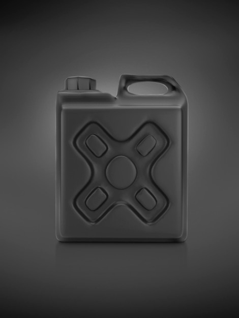 Leere Verpackung aus schwarzem Kunststoff Gallone auf schwarzem Hintergrund 3D-Render