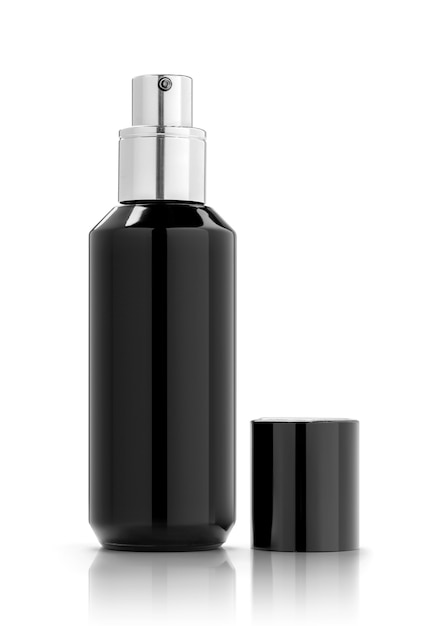 Leere Verpackung schwarze kosmetische Sprühflasche für Produktdesign-Mock-up isoliert auf weißem Hintergrund mit Beschneidungspfad