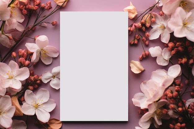 leere vertikale Karten-Mockup rosa Hintergrund umgeben von Blumen Vorlage weißes Blatt Papier für das Design