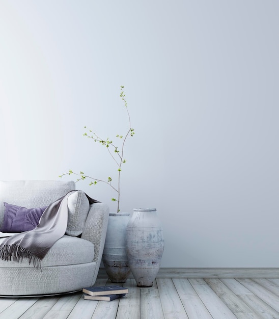 Leere Wand für Modell mit pastellfarbenem skandinavischem minimalistischem Innenhintergrund 3D-Rendering