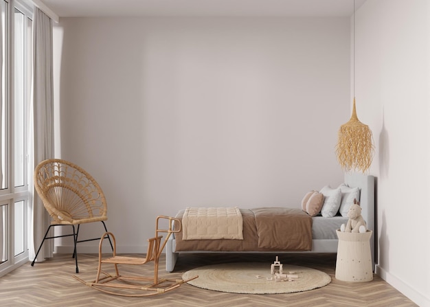 Leere Wand im modernen Kinderzimmer Mock-up-Interieur im Boho-Stil Freier Kopierplatz für Ihr Bild oder Poster Bett Rattan Stuhl Teppich Spielzeug Gemütliches Zimmer für Kinder 3D-Rendering