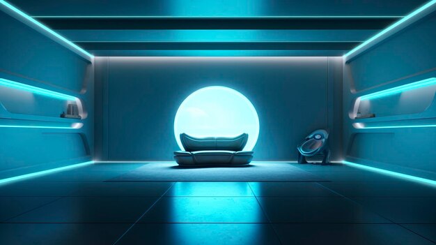 Leere Wand in einem futuristischen Sci-Fi-Wohnzimmer mit hellgelbem Hellcyan und hellblauem Neon AI Generative