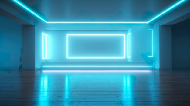 Leere Wand in einem futuristischen Sci-Fi-Wohnzimmer mit hellgelbem Hellcyan und hellblauem Neon AI Generative