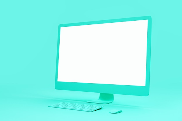 Leere weiße Attrappe eines Computerbildschirms aus einem einzigen Material auf abstraktem türkisfarbenem Hintergrund
