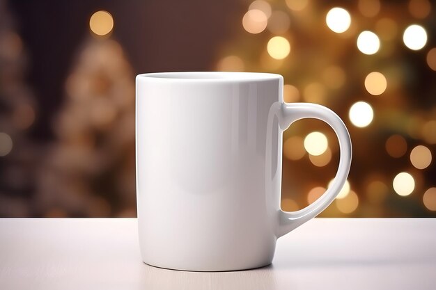 Leere weiße Becher-Attrappe auf Holztisch mit Weihnachtsbaumbeleuchtung, Bokeh-Hintergrund, Urlaubsvorlage-Komposition, Kopierraum