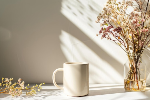 Leere weiße Becher-Mockup mit Blumen auf sonnigem Licht-Hintergrund Generative KI