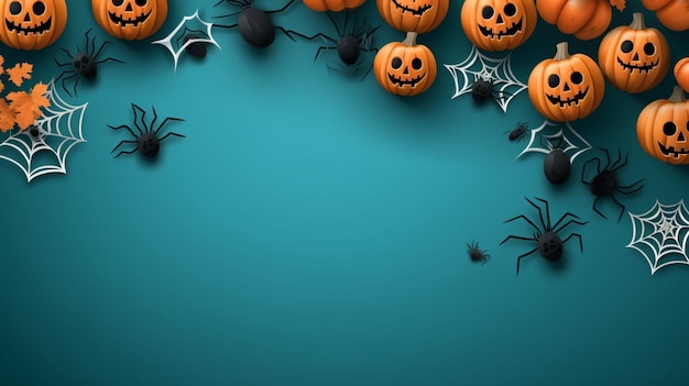 Leere weiße Halloween-Karte mit Kürbissen und Spinnen. Poster-Einladungsmodell, Halloween-Skelett