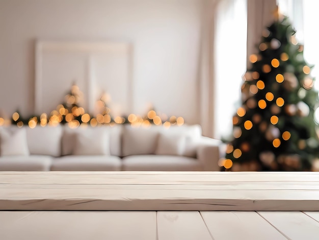 Leere weiße hölzerne Tischplatte mit abstraktem warmem Wohnzimmerdekor mit Weihnachtsbaumreihe verschwommen