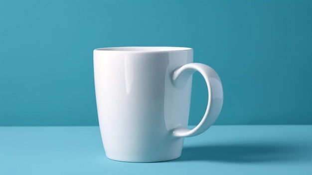 Leere weiße Kaffeetasse isoliert auf blauem Hintergrund