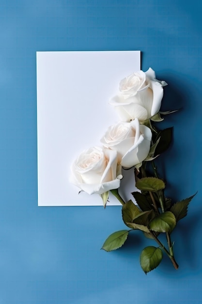 Leere weiße Karte auf blauem Hintergrund mit Rosen-Postkarte. Generative KI