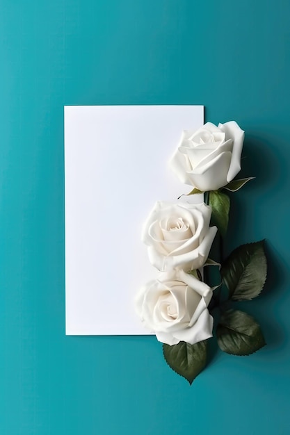 Foto leere weiße karte auf blauem hintergrund mit rosen-postkarte. generative ki