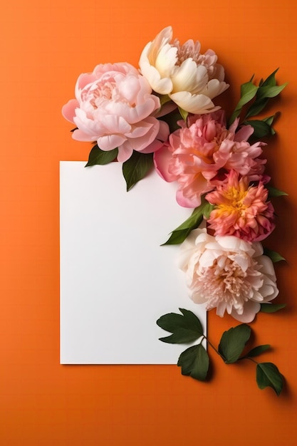 Leere weiße Karte auf orangefarbenem und rosa Hintergrund mit Pfingstrosen-Postkarte. Generative KI