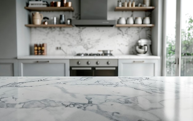 Foto leere weiße marmorplatte auf verschwommenem küchenhintergrund