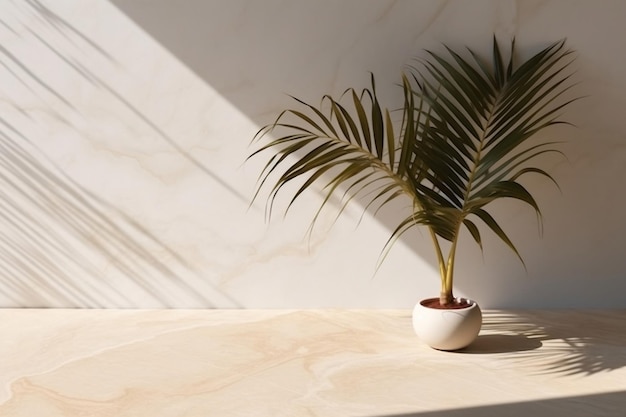 Leere weiße Marmortheke mit Palme und Schatten. 3D-Innenmodell, generative KI