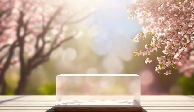 Leere weiße Oberfläche mit blühendem rosa Sakura-Garten-Bokeh-Hintergrund Generative KI