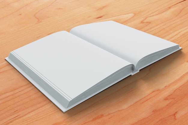 Leere, weiße, offene Tagebuchseiten auf einem Holztisch-Mockup