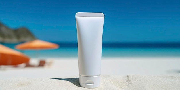 Leere weiße Plastikröhre Sonnencreme auf einem Sandstrand Sommerkomposition mit Sonnenbrille blaues Meer als Hintergrund Kopierraum Sommerferien und Hautpflege Konzept KI Generativ