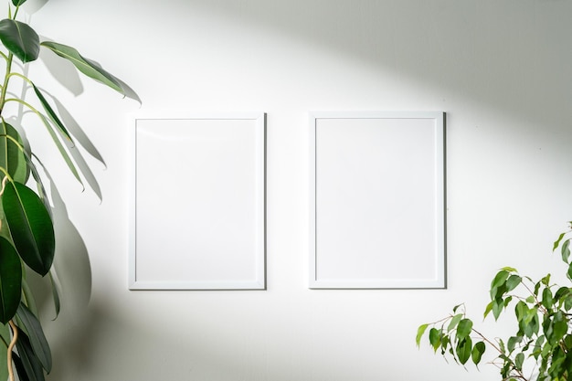 Leere weiße Rahmen und Zimmerpflanze gegen eine weiße Wand