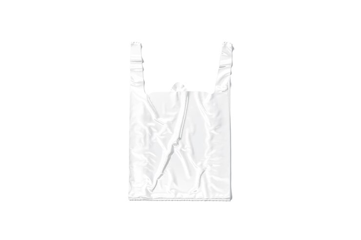 Foto leere weiße t-shirt-plastiktüte mit griff-mockup top-view