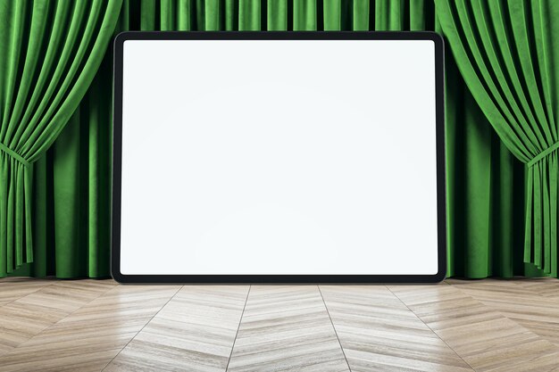 Leere weiße Tablette mit grünen Vorhängen und Holzböden Kinobühne und Theater 3D-Rendering